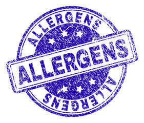 ALLERGENS stamp seal watermark with grunge style. Designed with rounded rectangles and circles. Blue vector rubber print of ALLERGENS caption with grunge texture.