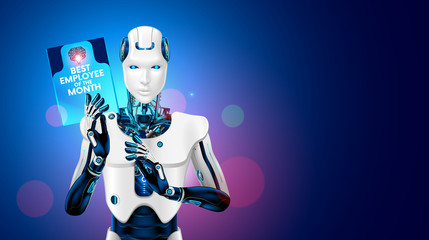 Robot best employee of the month takes the work of a man. Cyborg worker holding in hand a reward for his work. Unemployment due to industrial automation manufacturing. Industrial revolution 4.0