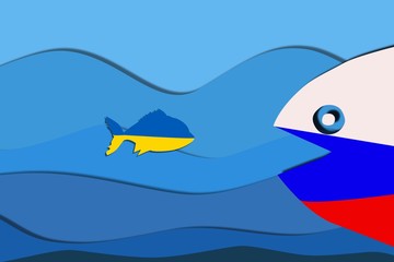  A small fish in the color of the flag of Ukraine falls into the mouth of a huge predatory fish, conflict with Russia