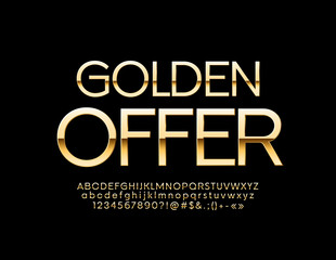 Bright label with text Golden Offer. Luxury style Font. Vector set of Alphabet Letters, Numbers and Symbols.