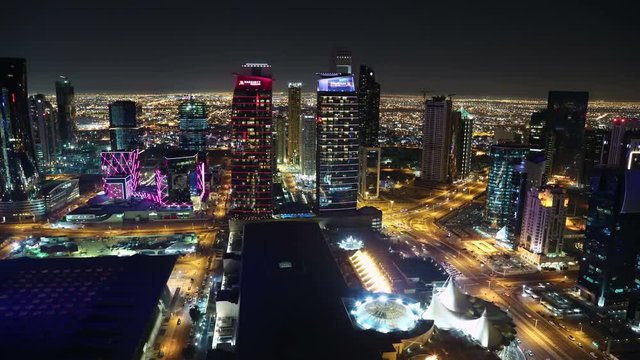 UHD 4K rooftop cityscape panorama timelapse of financial centre in Doha, Qatar