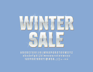 Fototapeta premium Vector snow white Emblem Winter Sale with sparkling Stars Font. Stylish Alphabet Letters, Symbols and Numbers. 