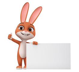 Cartoon character Easter Bunny leaned against a blank board and shows thumb up against a white background. 3d rendering illustration.