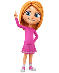 Showing the peace of the world. Character cartoon girl in a pink sweater on a white background. 3d render illustration.