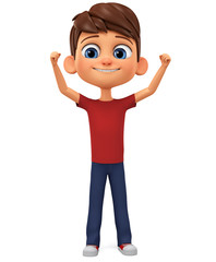 Cartoon character boy celebrates victory on white background. 3d render illustration.