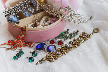 Shopping concerts. Ideas and gift for women. Vintage fashionable set with jewelry, stones and accessories.  