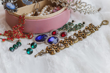 Shopping concerts. Ideas and gift for women. Vintage fashionable set with jewelry, stones and accessories.  