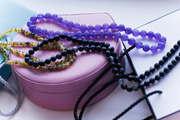 Shopping concerts. Ideas and gift for women. Vintage fashionable set with jewelry, stones and accessories.  