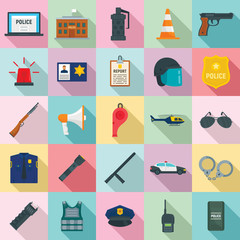 Police equipment icons set. Flat set of police equipment vector icons for web design