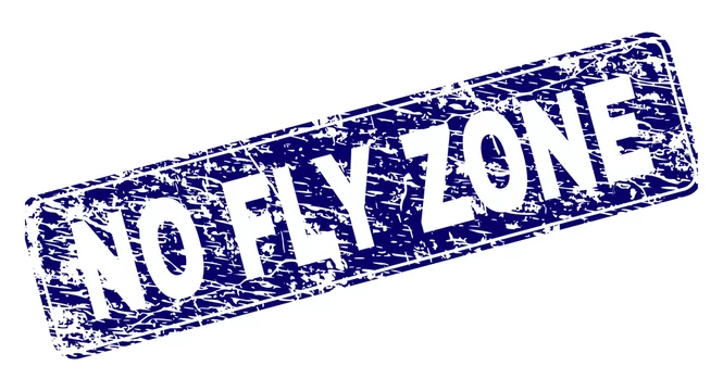NO FLY ZONE stamp seal watermark with distress style. Designed with  rectangle, circles and stars. Black vector rubber print of NO FLY ZONE  title with grunge texture. Stock Vector