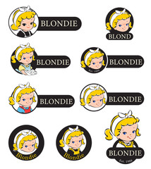 Blonde girl in bakery shop logo template : Vector Illustration