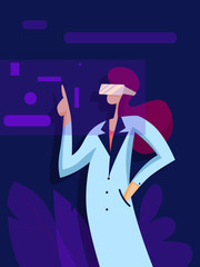 Girl in Virtual reality glasses. Scientific research in virtual reality. Vector illustration in flat style
