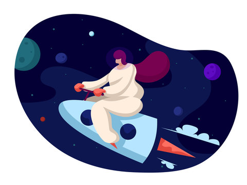 Woman astronaut flying on a rocket into space. Vector illustration in flat style