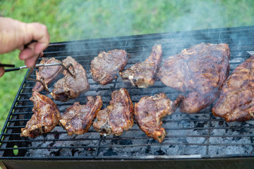 Assortment of marinated meat grilling over the hot coals on a BBQ