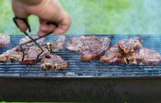 Assortment of marinated meat grilling over the hot coals on a BBQ