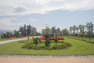 Fototapeta na wymiar Park and lake in the city Batumi center on a sunny spring day. Park in center of Batumi