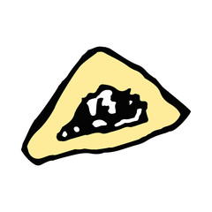 Gomentashen. Triangular cookies for the Jewish holiday of Purim. Hand draw. Doodle. Vector illustration on isolated background.