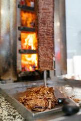 Turkish Doner Kebab, Shawarma or Gyros. Traditional Turkish Doner Kebab meat, shawarma or gyros. Turkish, greek or middle eastern arab style doner kebab food spit.