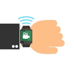 Hand with smart watch, film camera