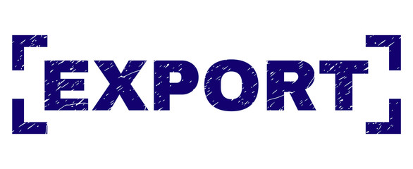 EXPORT text seal imprint with corroded texture. Text caption is placed between corners. Blue vector rubber print of EXPORT with dust texture.