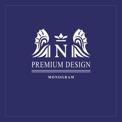 Art logo design. Capital letter N. Elegant emblem with crown, dragon wings. Beautiful creative monogram. Graceful sign for Royalty, business card, Boutique, Hotel, Heraldic. Vector illustration