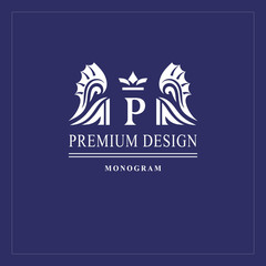 Art logo design. Capital letter P. Elegant emblem with crown, dragon wings. Beautiful creative monogram. Graceful sign for Royalty, business card, Boutique, Hotel, Heraldic. Vector illustration