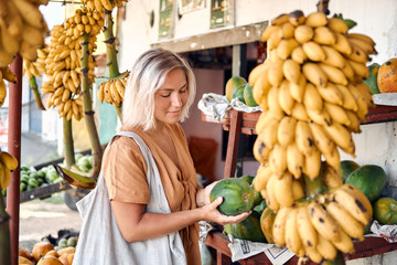 Woman Buy Fresh Papaya at Tropical Local Market