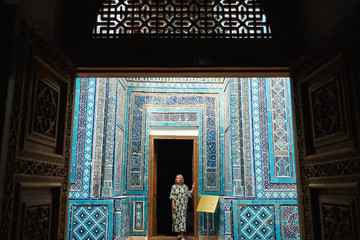 Woman Travaler on East Asia Mosque Vault Backdrop