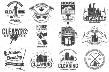 Fototapeta premium Cleaning company badge, emblem. Vector illustration. Concept for shirt, stamp or tee. Vintage typography design with cleaning equipments. Cleaning service sign for company related business