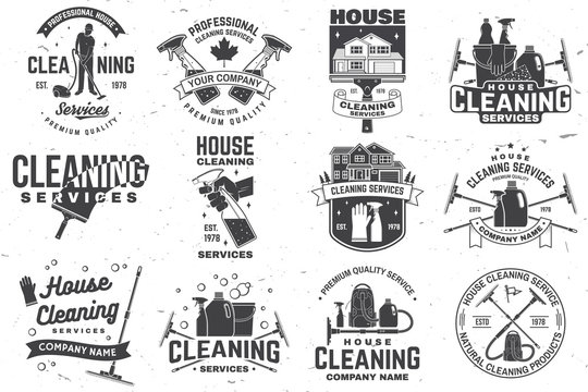 Cleaning company badge, emblem. Vector illustration. Concept for shirt, stamp or tee. Vintage typography design with cleaning equipments. Cleaning service sign for company related business © sivvector