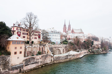 Fototapeta premium Basel, Rhein, Münster, Kirche, Altstadt, Rheinufer, Grossbasel, Winter, Schweiz