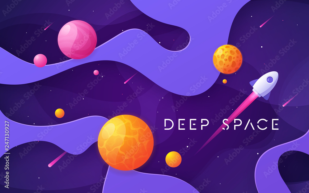 Wall mural colorful cartoon outer space background, design, banner, artwork.