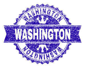 WASHINGTON rosette seal imitation with grunge texture. Designed with round rosette, ribbon and small crowns. Blue vector rubber print of WASHINGTON title with dust texture.