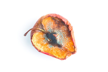 rotten apple on white in top view