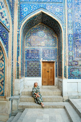 Woman Travaler on East Asia Mosque Vault Backdrop