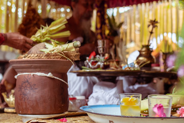 Traditional balinese offerings to gods. Tropical island of Bali, Indonesia.