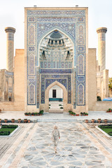 Woman Travaler in East Asia Mosque Vault Entrance Gur-Emir Mausoleum, Samarkand - obrazy, fototapety, plakaty