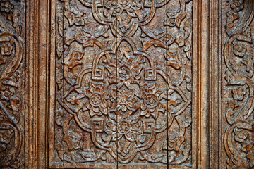 Old Vintage Wooden Door in Grunge Brick Wall