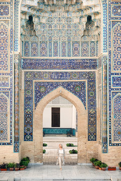 Woman Travaler in East Asia Mosque Vault Entrance Gur-Emir Mausoleum, Samarkand