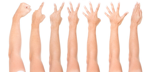 Multiple male hand gestures isolated over the white background, set of multiple images