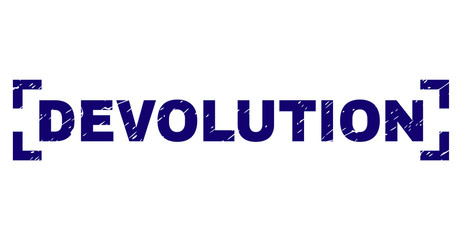 DEVOLUTION text seal watermark with corroded texture. Text tag is placed between corners. Blue vector rubber print of DEVOLUTION with dirty texture.