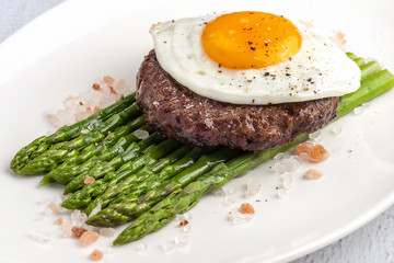 fried minced steak with egg and green asparagus
