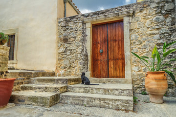 The door to the courtyard of the monastery with a cat on the threshold