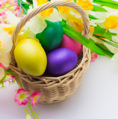 Easter background with easter eggs. Painted Easter eggs. Easter flowers. Easter holiday