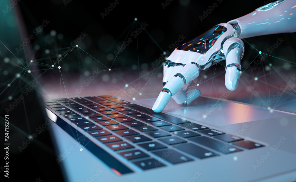 Wall mural robotic hand pressing a keyboard on a laptop 3d rendering