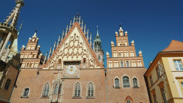 The building of the ancient city hall in Wroclaw, Poland. Steadicam shot