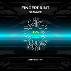 Futuristic Fingerprint Light Blue Scanner Identification Protection Dashboard.  HUD White UI Element Technology Background Authorization System Illustration.