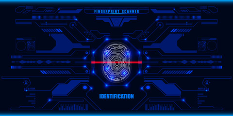 Futuristic Fingerprint Red Scanner Identification Protection Dashboard. HUD Blue UI Element Technology Background Authorization System Illustration.
