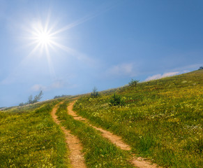 slope of green grass hill with ground road under a sparkle sun