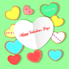 Happy valentines Day lovely greeting card. Vector illustration with a paper heart and delicate multi colored heart-shaped cookies and biscuits.